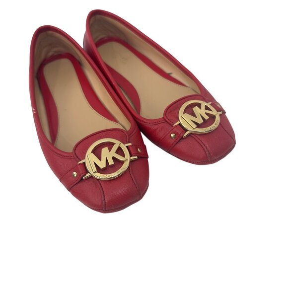 Michael Kors Women Red Leather Gold Logo Slip On Flats Shoes Size 6 - Picture 13 of 14